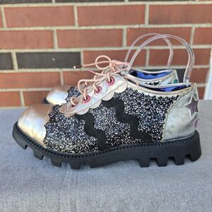 Irregular Choice Gold Multicolor Glitter Fur Oxford Lace Up Loafers Size 40
